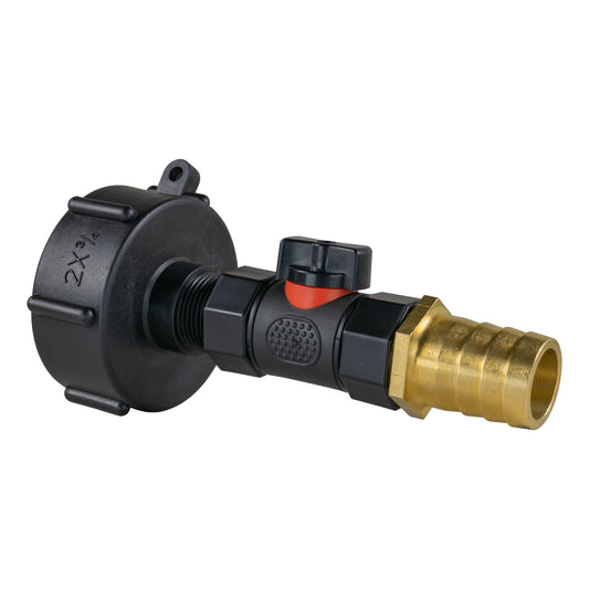 IBC cap S60x6 with inline BSPF valve and 25mm brass barb fitting
