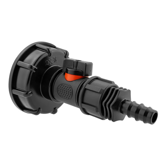 IBC 2 in cap with inline BSPM valve and 16mm barbed straight connector, black