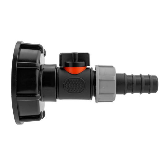IBC cap inline valve, black/grey body with orange insert and 20mm barb outlet