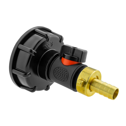 IBC 2” cap with in-line BSPM valve and 13mm brass barb, black body and orange seal