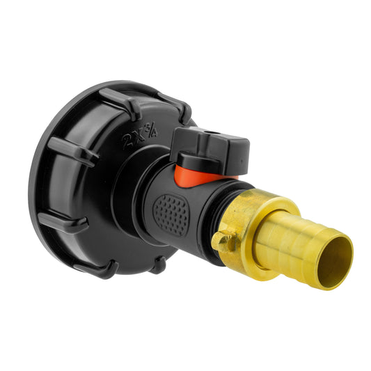 IBC cap with inline BSPM valve and 19mm brass barb, black body, orange lever