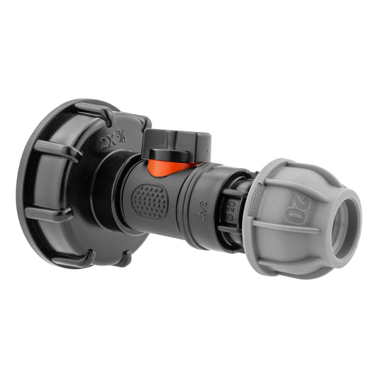 2in S60x6 cap with in-line BSPM valve and straight MDPE 20mm fitting, black and grey