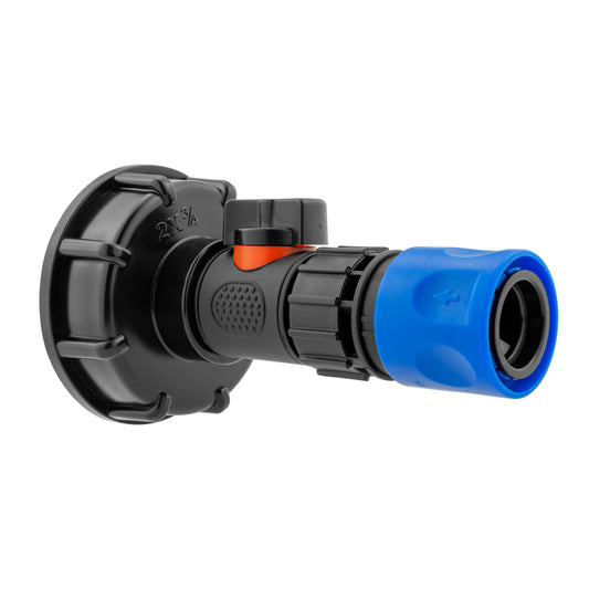 IBC cap with inline valve and ¾" BSPF female hose connector, blue end piece