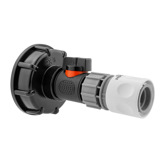 IBC 2in S60x6 cap with inline shutoff valve and 3/4in BSPF female hose connector