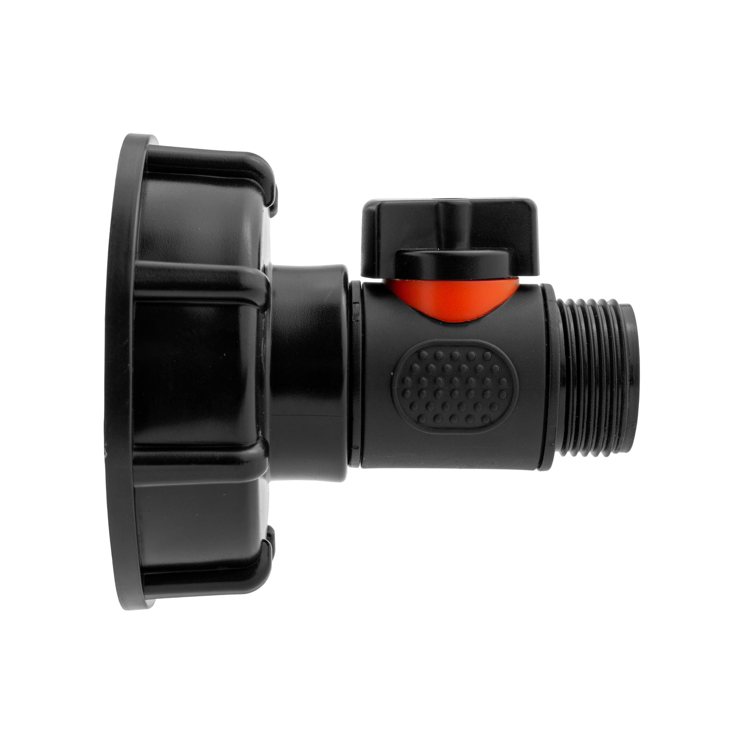 Inline BSPM threaded valve cap with black housing and orange insert; male thread end