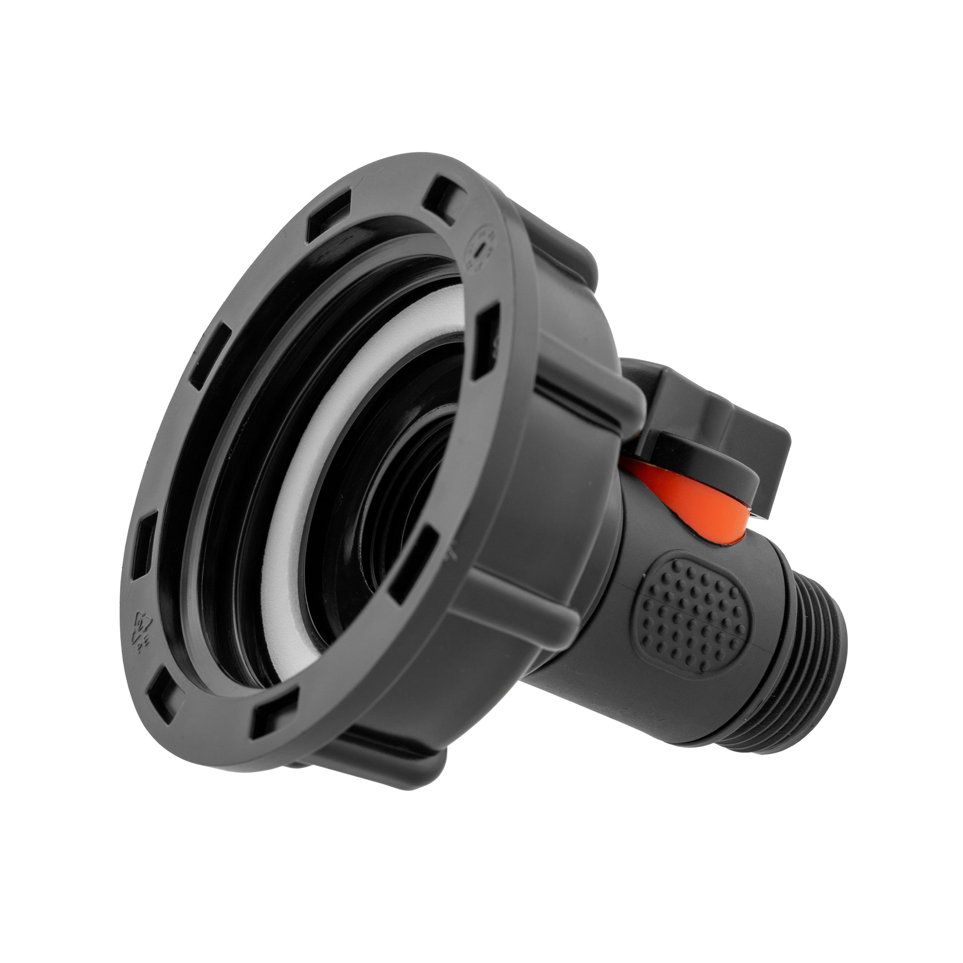IBC cap end with stepped body and orange insert; threaded outlet connection visible