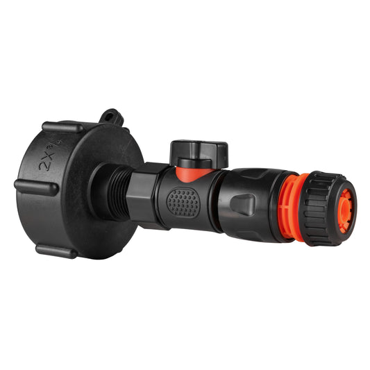 IBC 2” S60X6 cap with BSPF male quick-connect valve and hose connector, black/orange