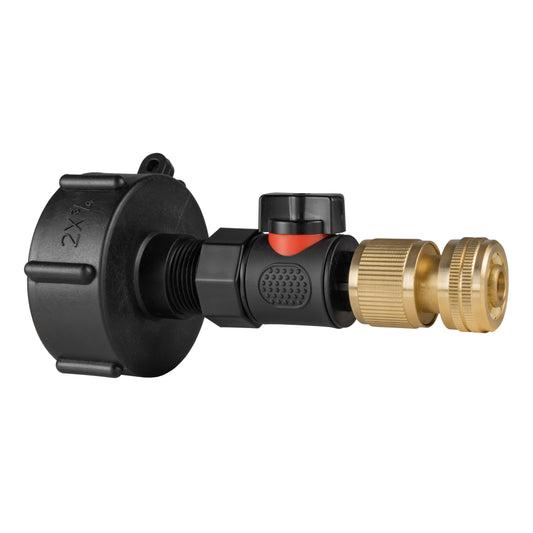 IBC 2" cap adapter: black quick-connect male valve with brass hose connector