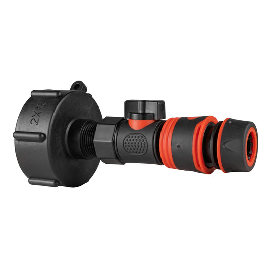 Black IBC cap adapter with BSPF male thread and quick-connect hose fitting