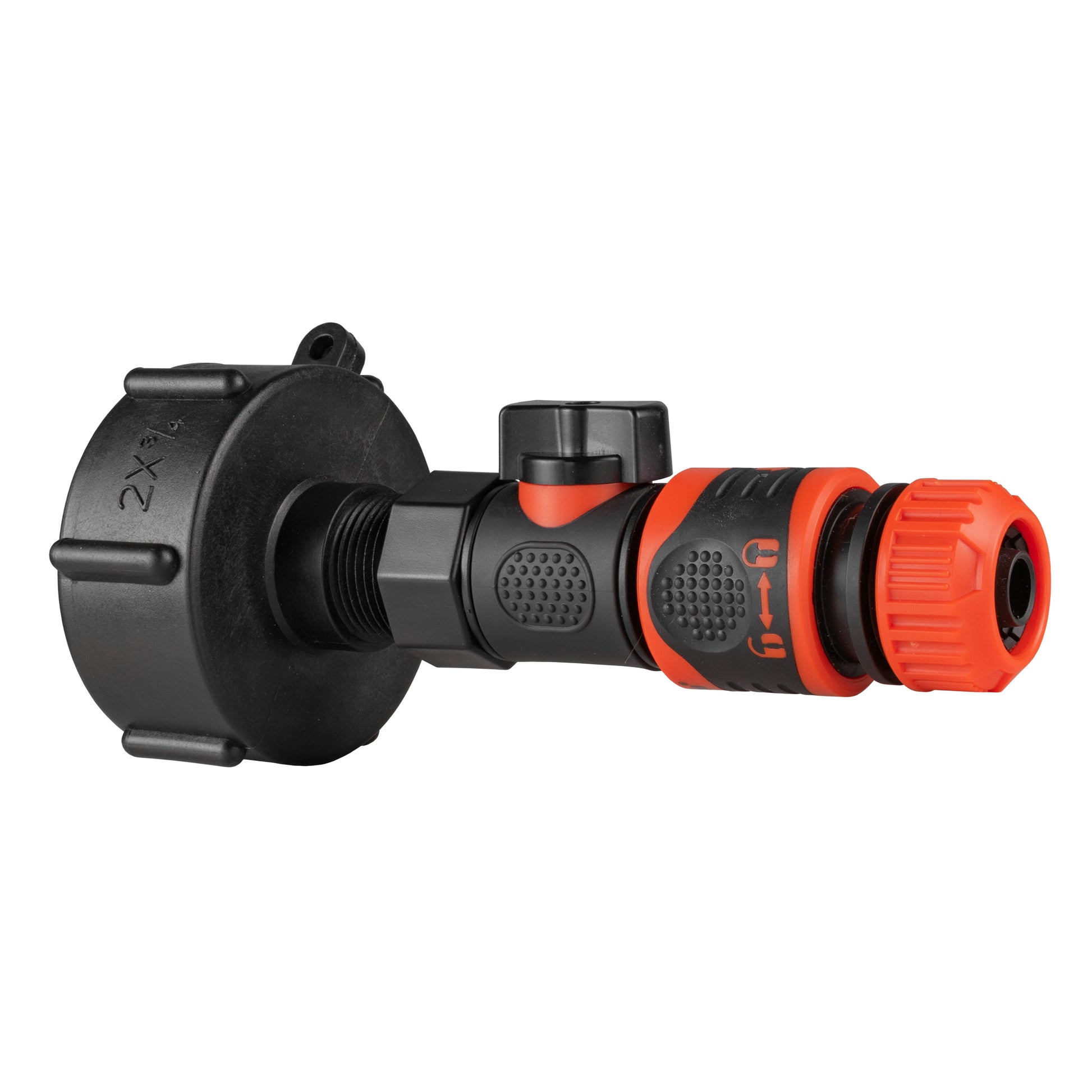 Quick-connect male valve with BSPF thread and hose connector lock, black and red