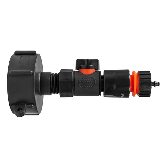 IBC 2” S60X6 cap with quick-connect male valve and 4mm hose barb connector