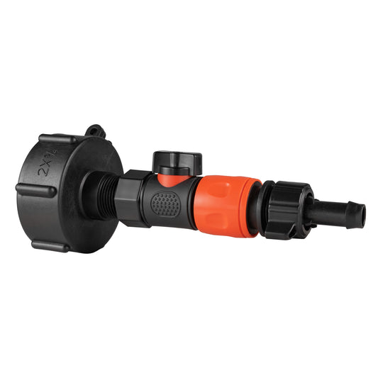 IBC 2” S60X6 cap with BSPF quick-connect male valve and 16mm hose connector