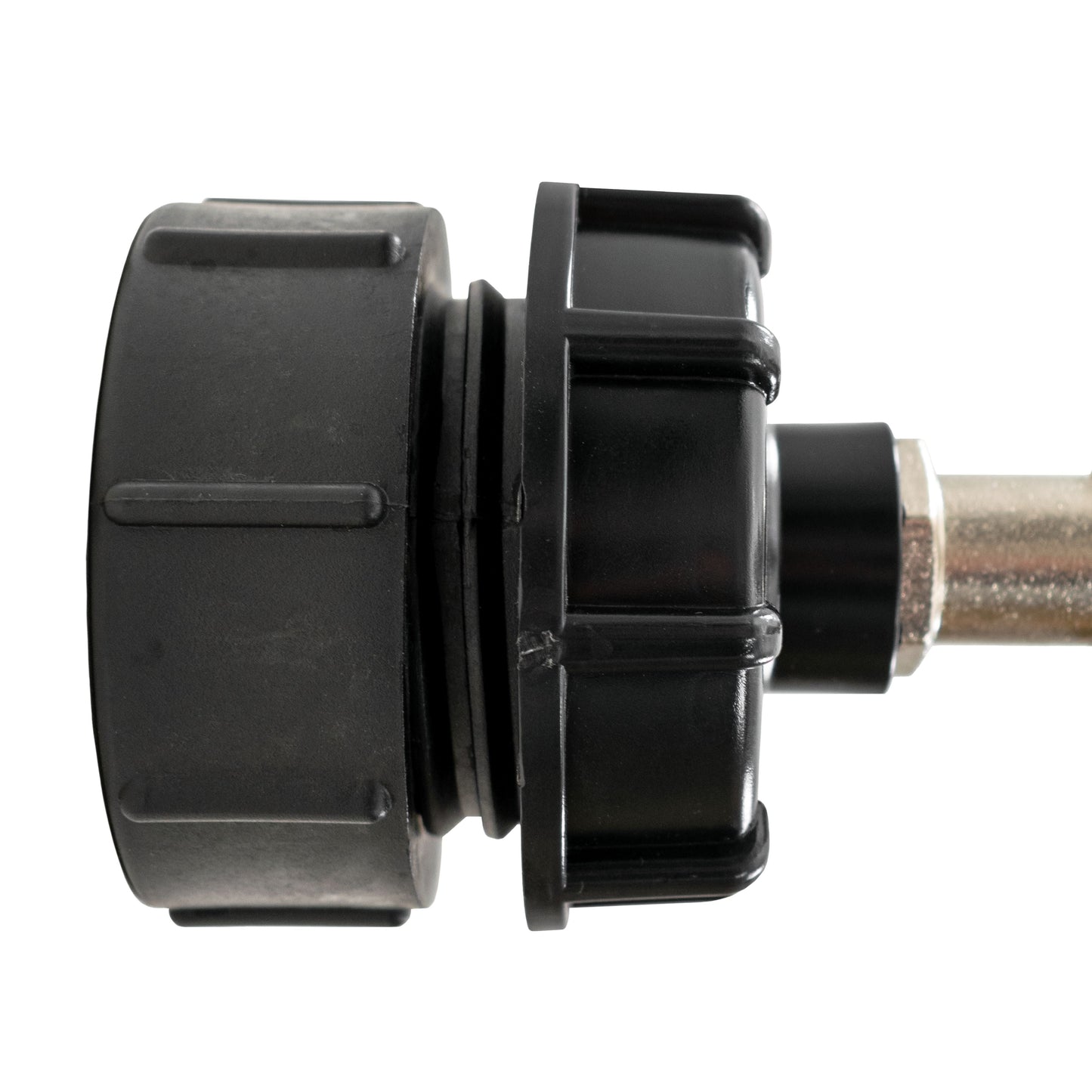Black IBC outlet cap section with metal connector and threaded end