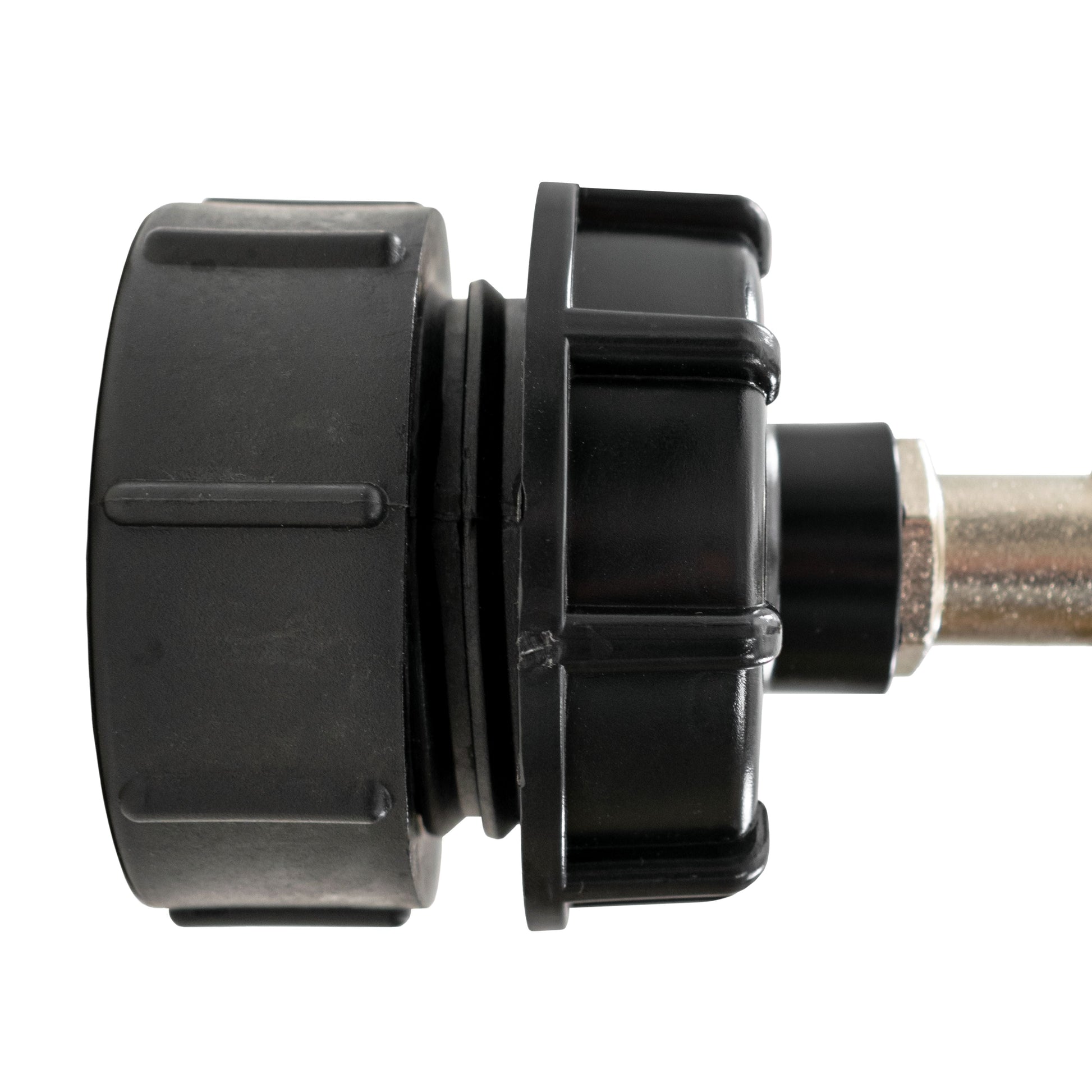 Black IBC outlet cap section with metal connector and threaded end
