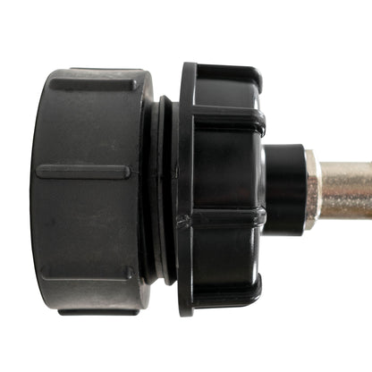 Black IBC outlet cap section with metal connector and threaded end