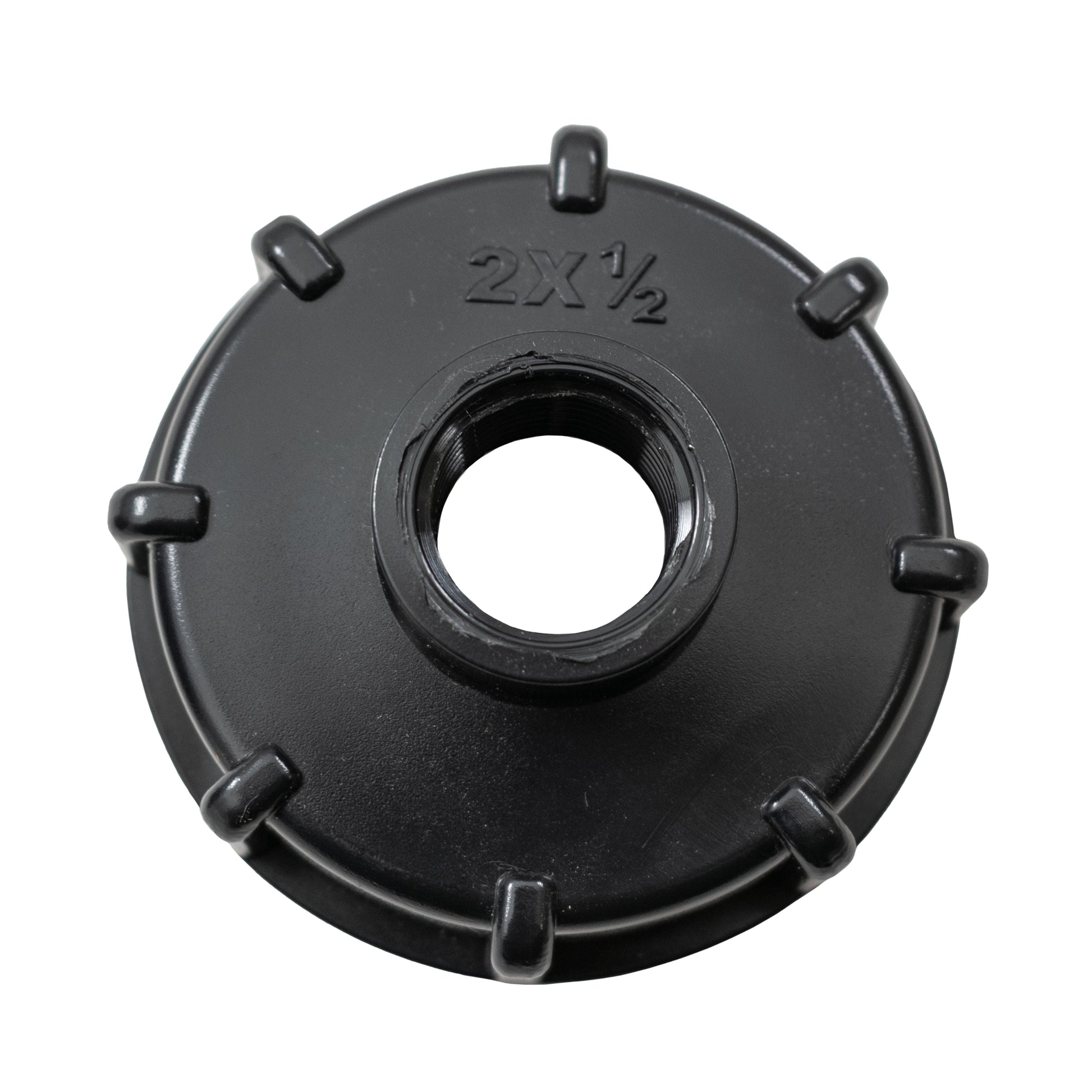 IBC cap face with “2X 1/2” marking and circular threaded opening