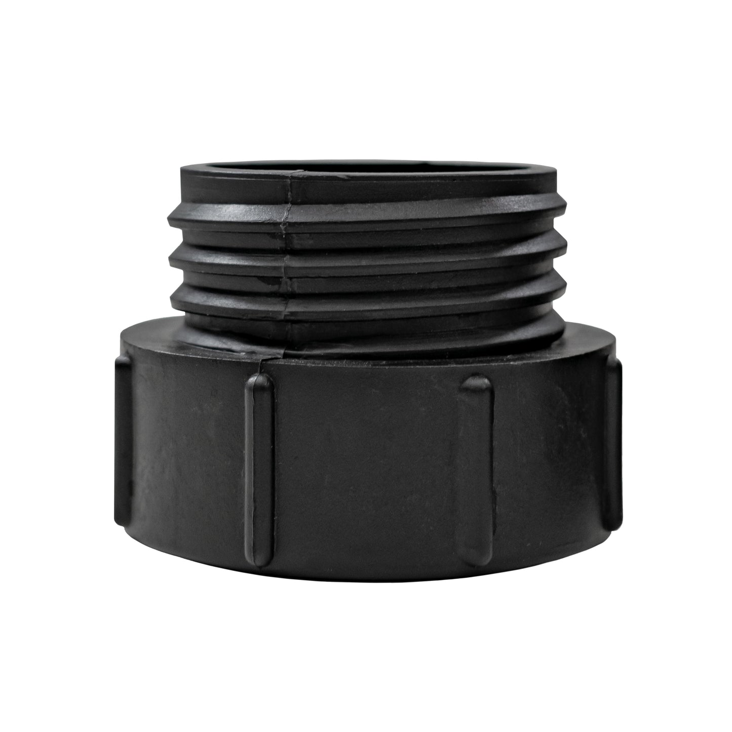 Black IBC cap end with ridged grip and internal threading