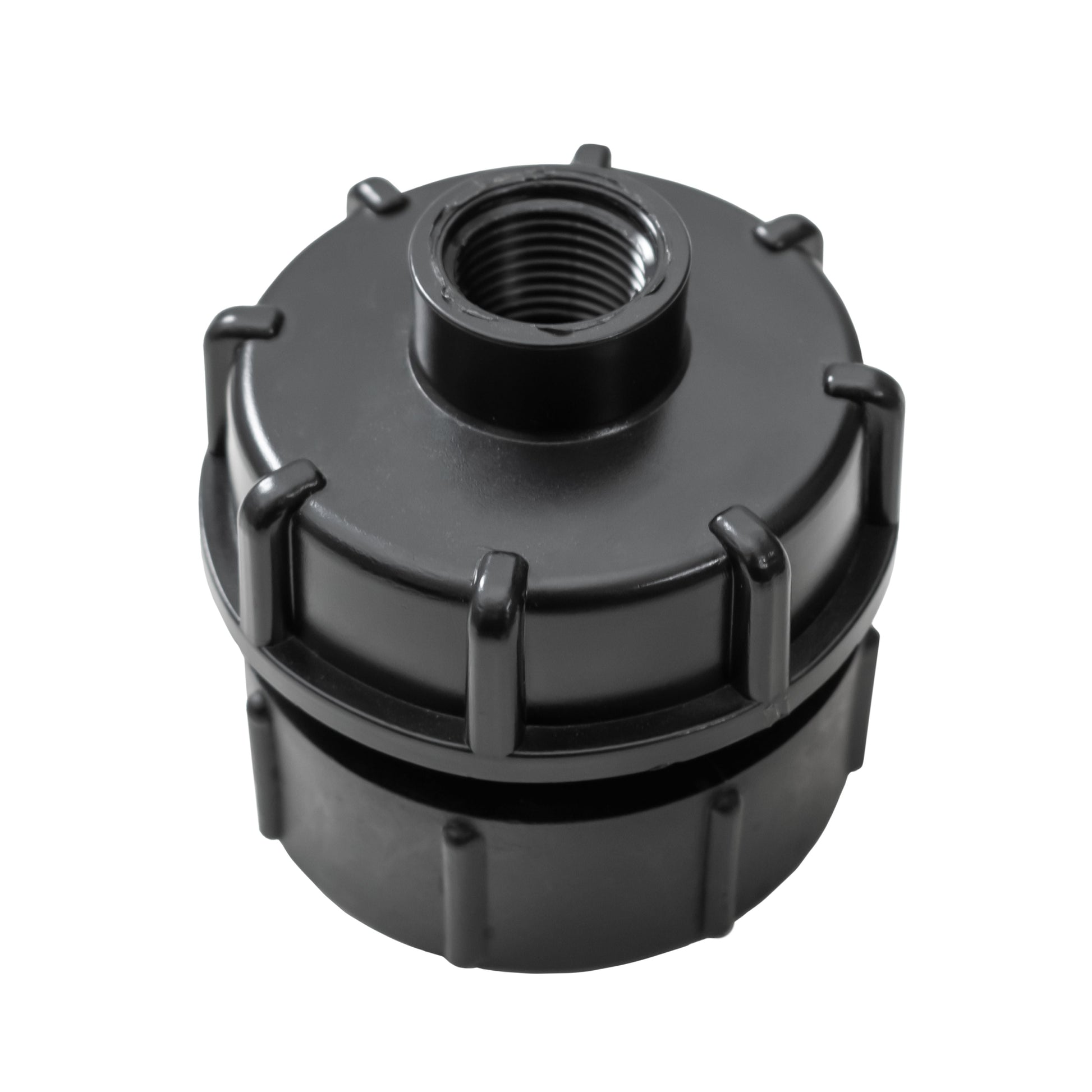 IBC cap with threaded opening and black locking tabs