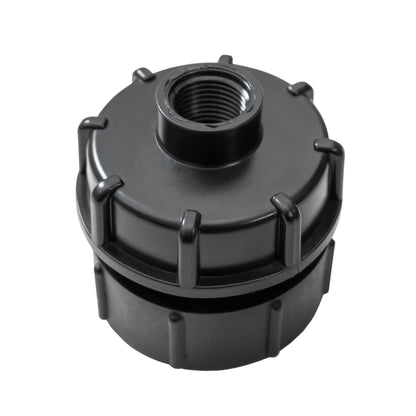 IBC cap with threaded opening and black locking tabs