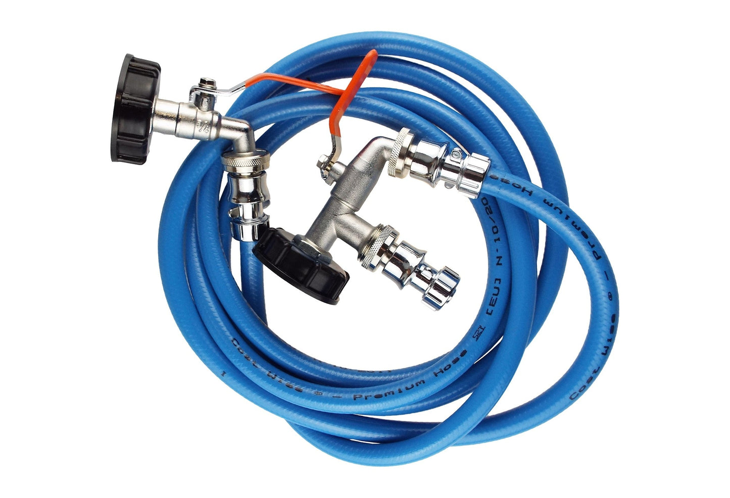 IBC Tank connection kit set: chrome tap adapter with blue hose and inline shutoff clamp