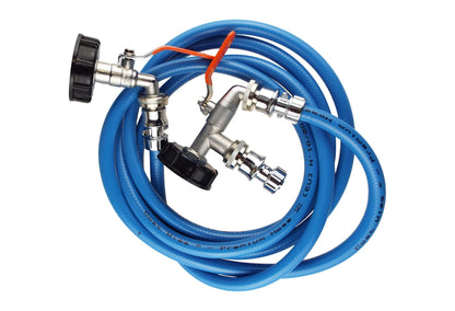 IBC Tank connection kit set: chrome tap adapter with blue hose and inline shutoff clamp