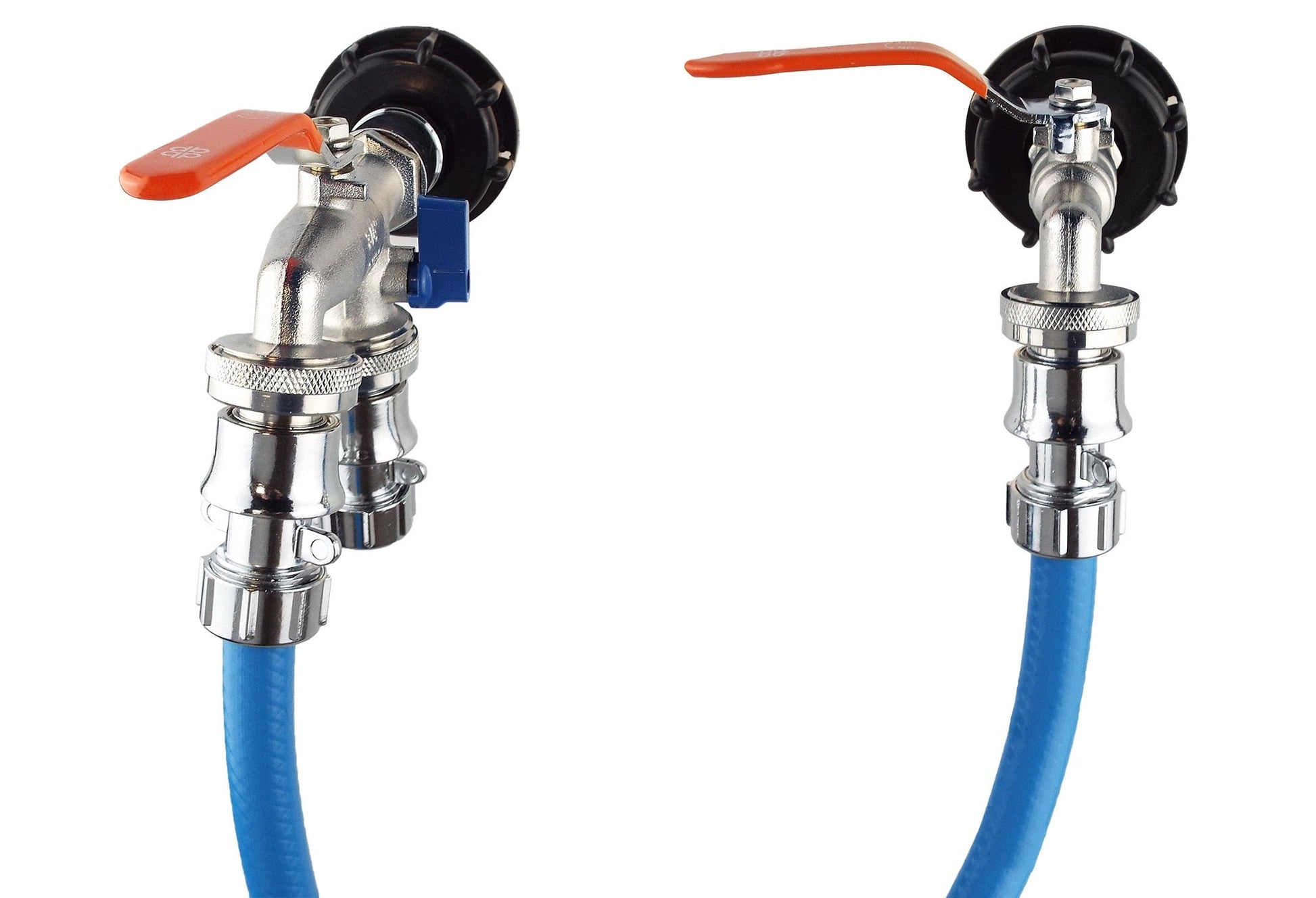 IBC Tank Connection Kit chrome couplers with black caps and blue hose ends