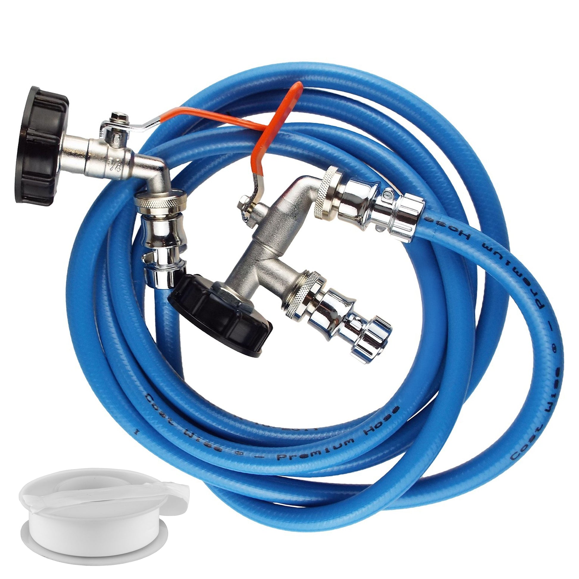 IBC Tank Connection Kit with chrome fittings and blue hose, quick-connect valves included