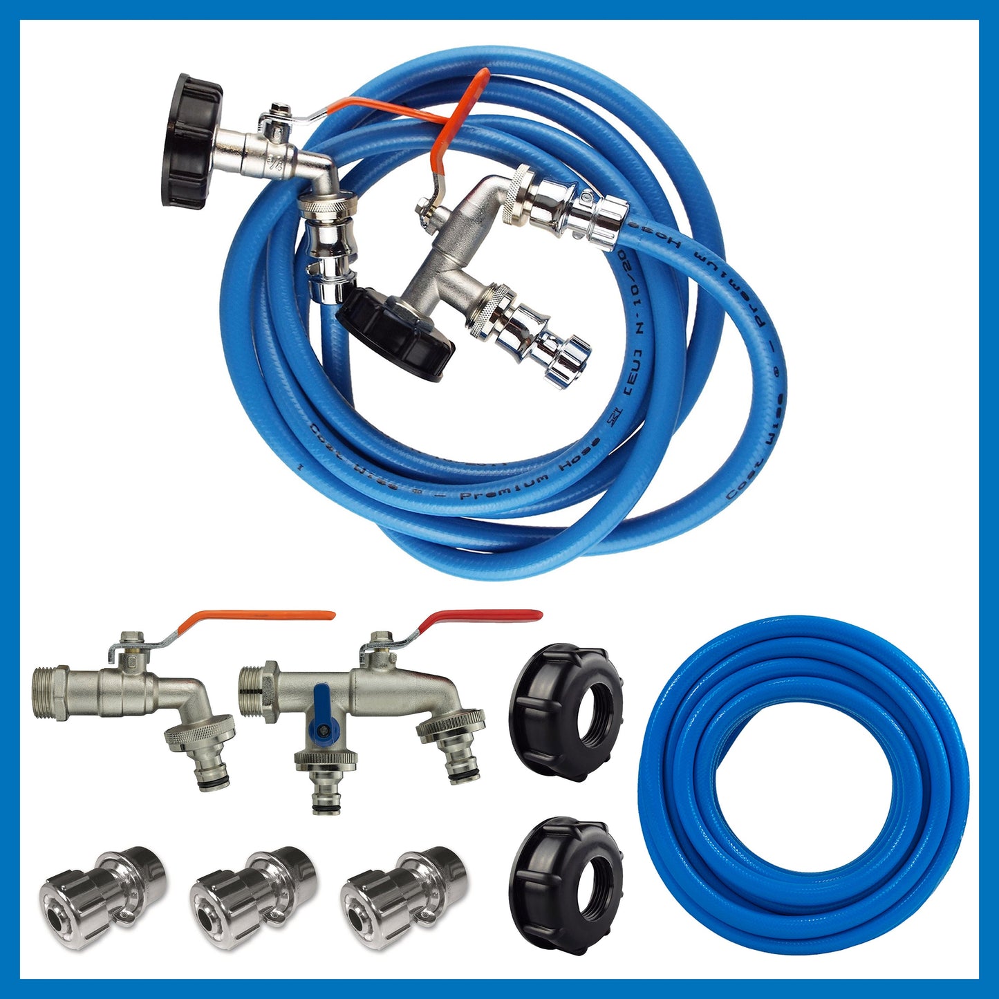 IBC Tank Connection Kit parts set: chrome adapters, black caps, and blue hose coiled