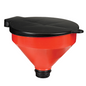 10" funnel tank with black lid and red body, threaded outlet