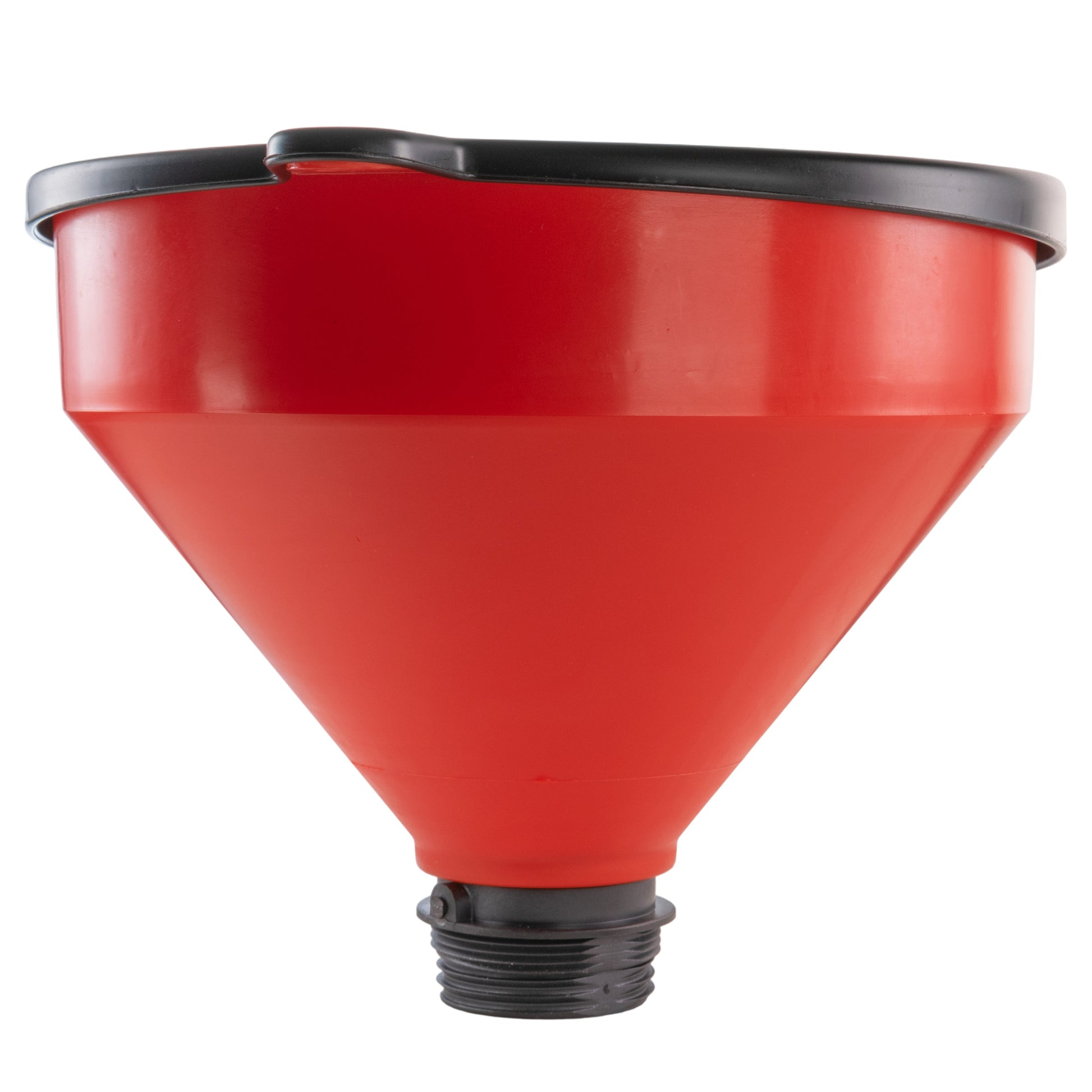 10" red funnel tank with lid and black threaded outlet connection