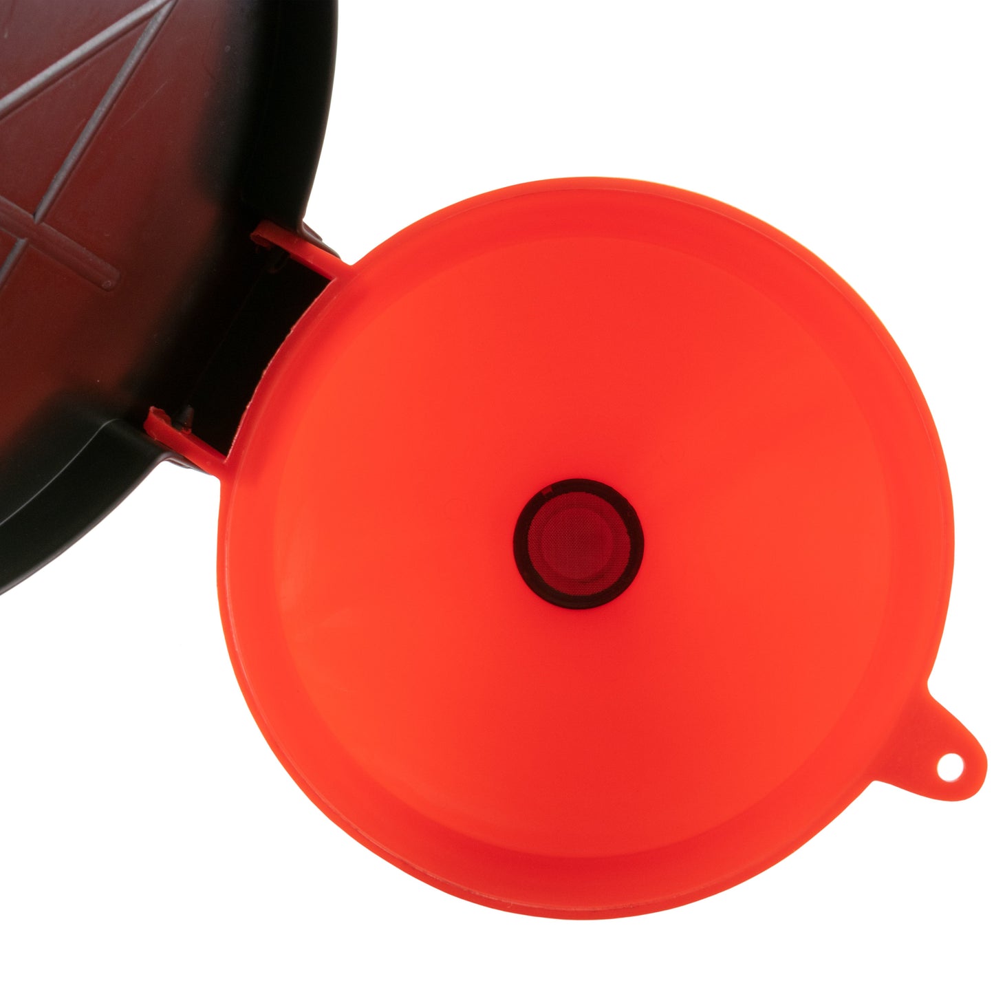 Red funnel tank lid with circular cap detail and side grip tab