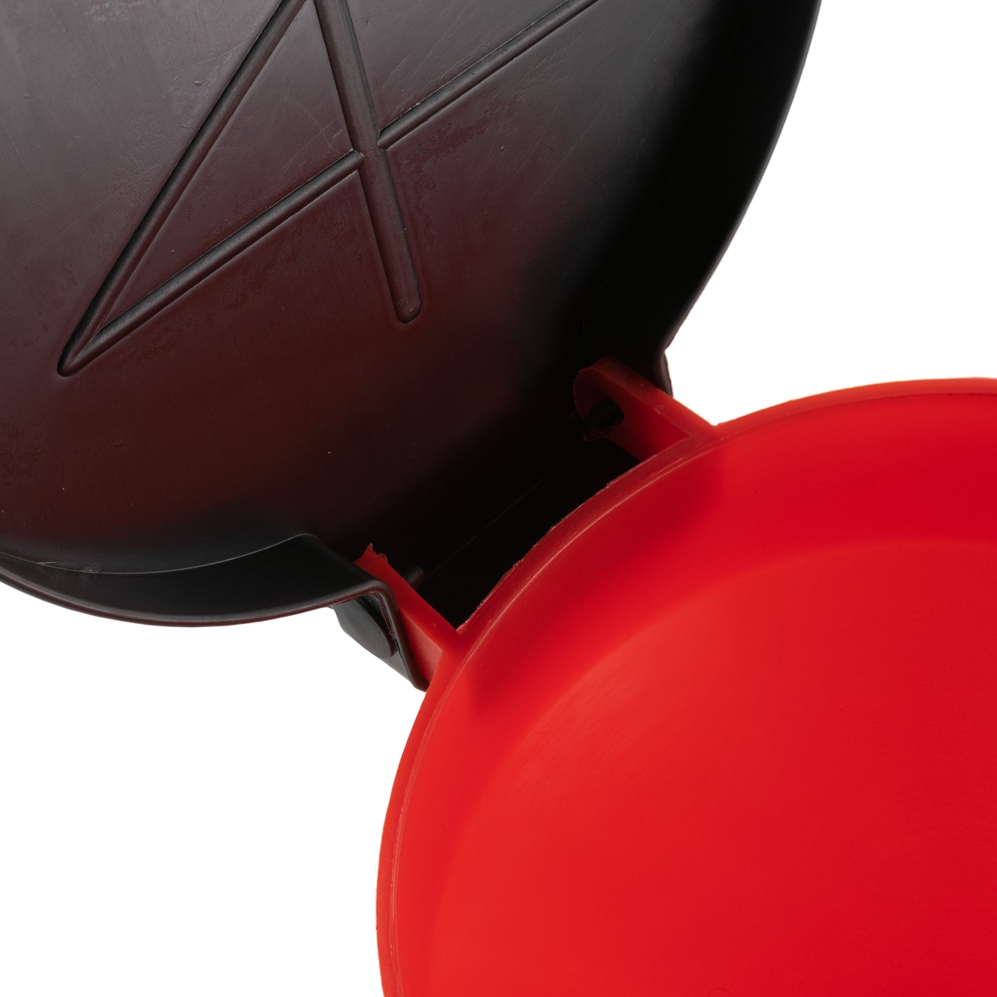 Funnel tank with lid open, showing latch points and red inner rim