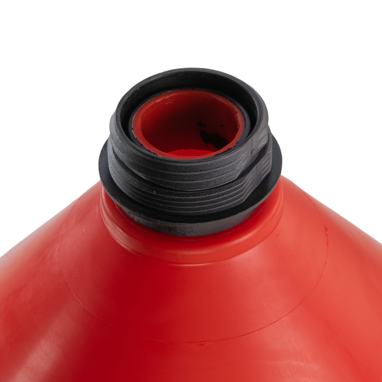 Threaded spout opening with mesh screen inside red funnel tank