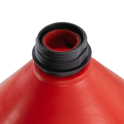 Threaded spout opening with mesh screen inside red funnel tank