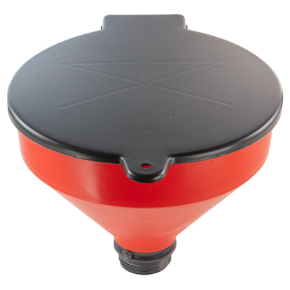 Black lid top with central hole on red 10" funnel tank, threaded outlet