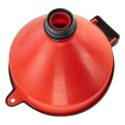 Red 10" funnel tank with black lid, side handle latch, threaded outlet