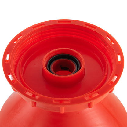 Close-up of red IBC cap outlet with circular mesh filter