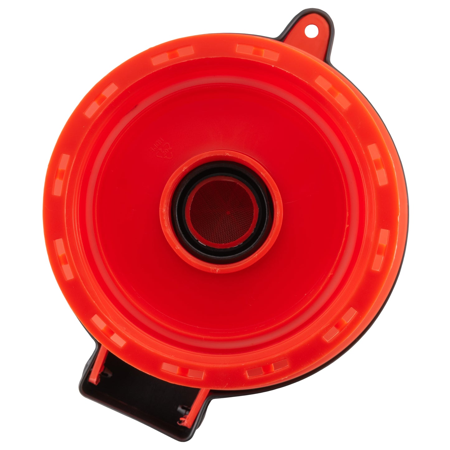 Red 6-inch IBC cap lid showing black gasket center and mounting tabs