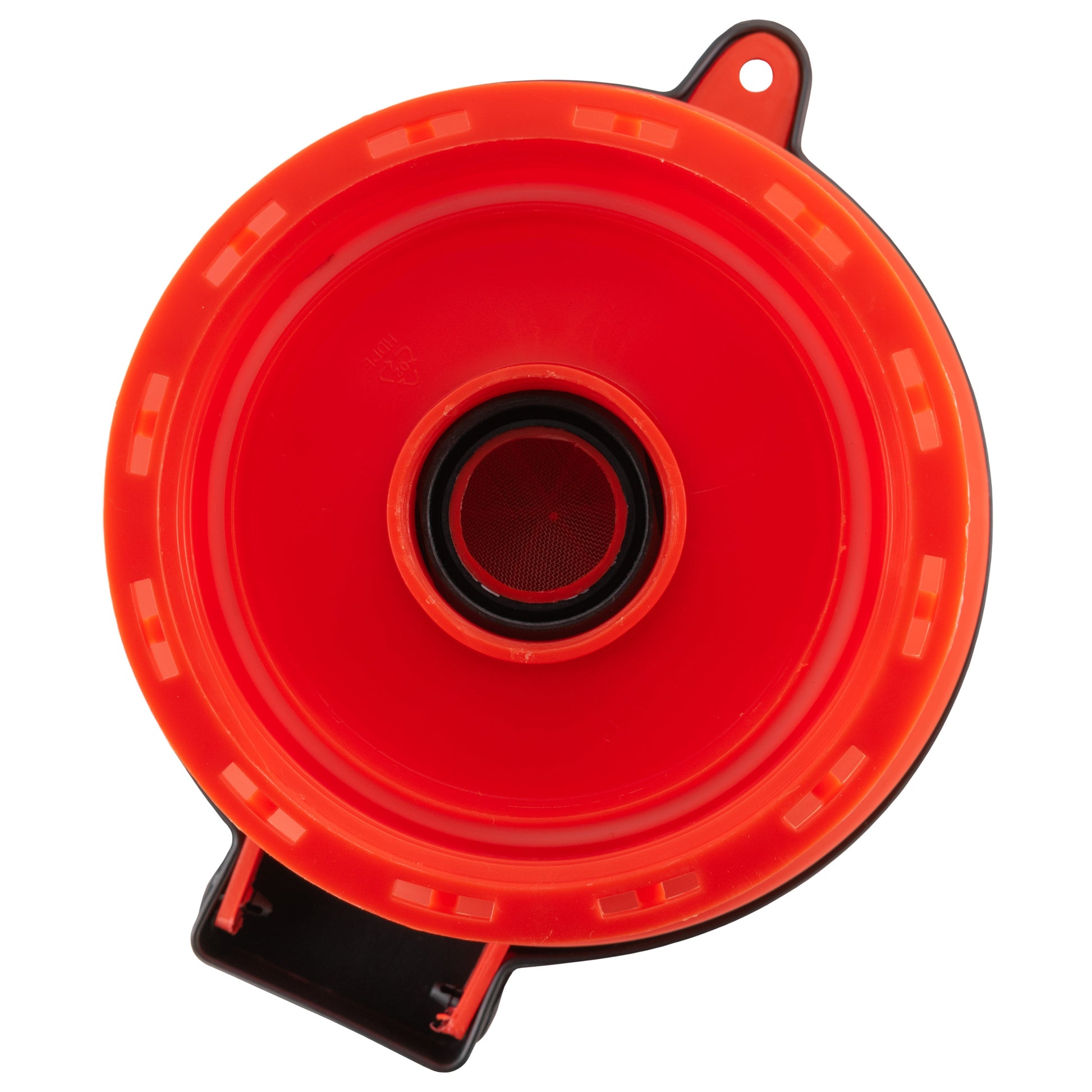 Red 6-inch IBC cap lid showing black gasket center and mounting tabs
