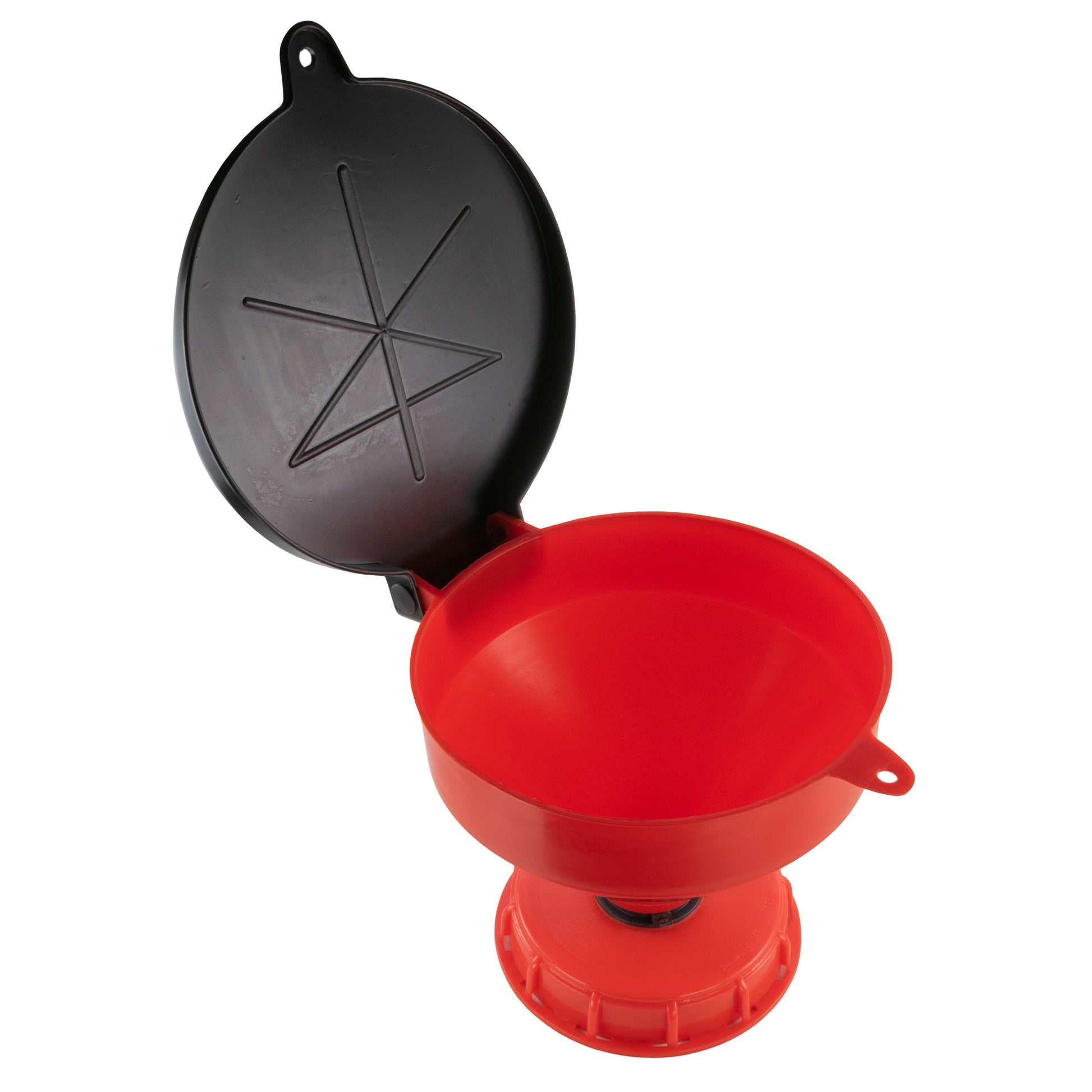 Red funnel assembly with black cap/lid and side handle