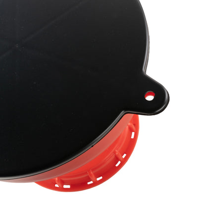 Black cap with red funnel rim and latch details