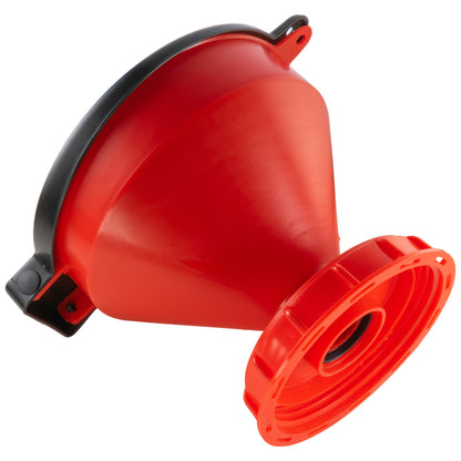 Red IBC funnel with black cap and wide screw-thread outlet