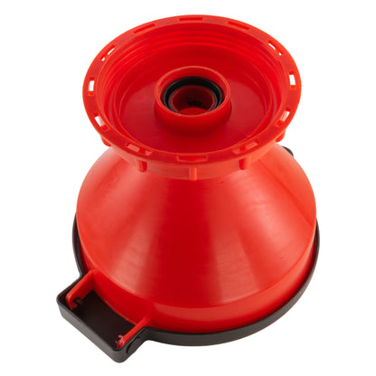 Top view of red IBC cap with threaded opening and internal seal