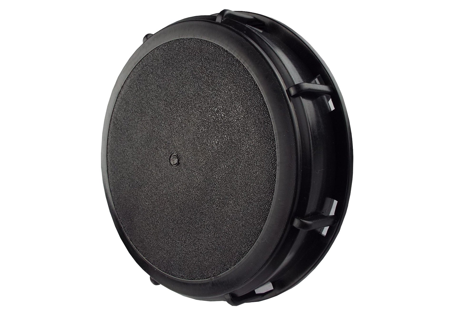 Black IBC tank blanking lid, textured cover with mounting clips and side tabs