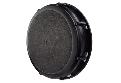 Black IBC tank blanking lid, textured cover with mounting clips and side tabs