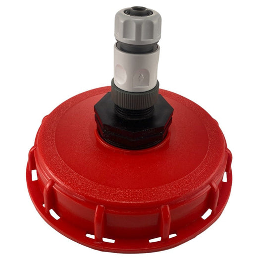 6-inch IBC cap kit with 1/2” hose pipe connector, red cap and white adapter