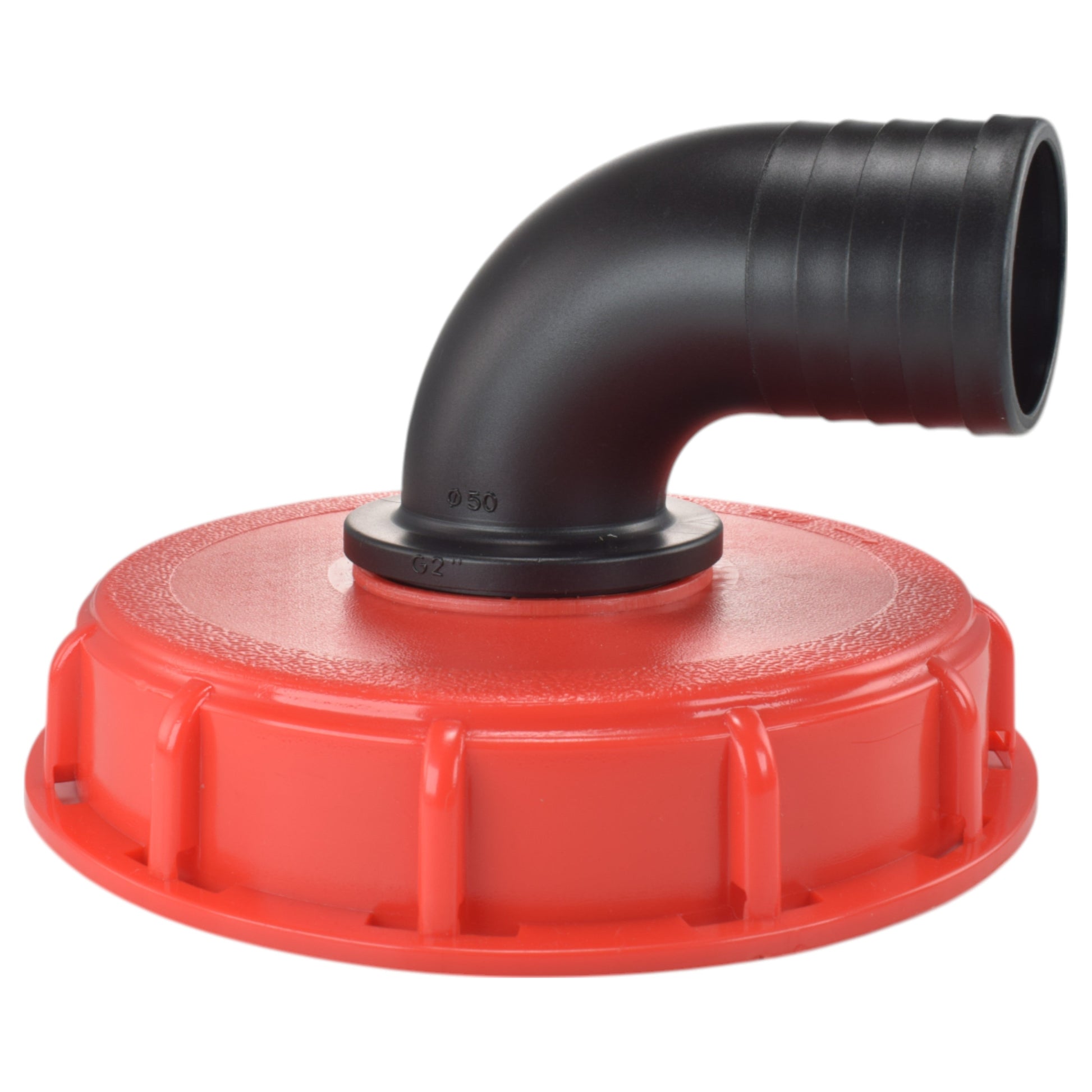 IBC 6-inch cap kit with black 50mm barbed 90° elbow connector, red base