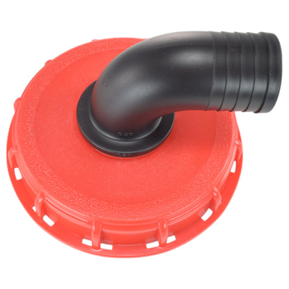 Red IBC 6-inch cap kit with black 50mm barbed elbow connector (angled view)