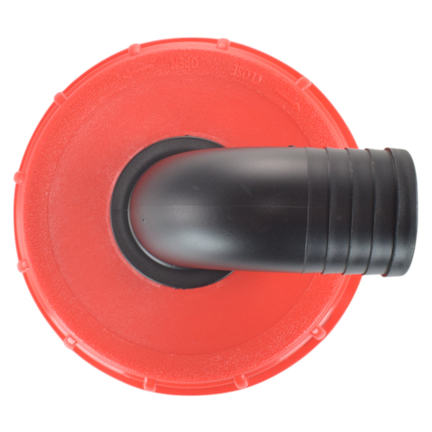 IBC 6-inch cap kit: red lid with black 50mm barbed elbow connector, side view