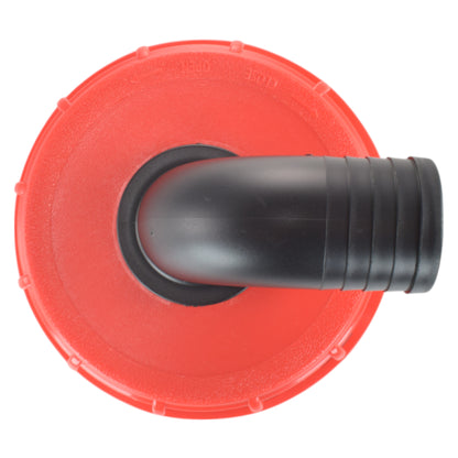 IBC 6-inch cap kit: red lid with black 50mm barbed elbow connector, side view